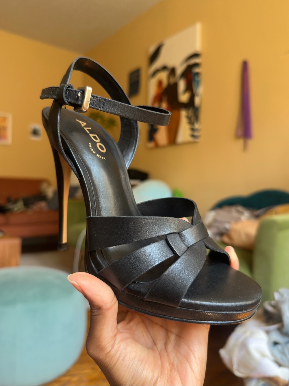 Aldo Black Strappy Leather High Heel Sandals